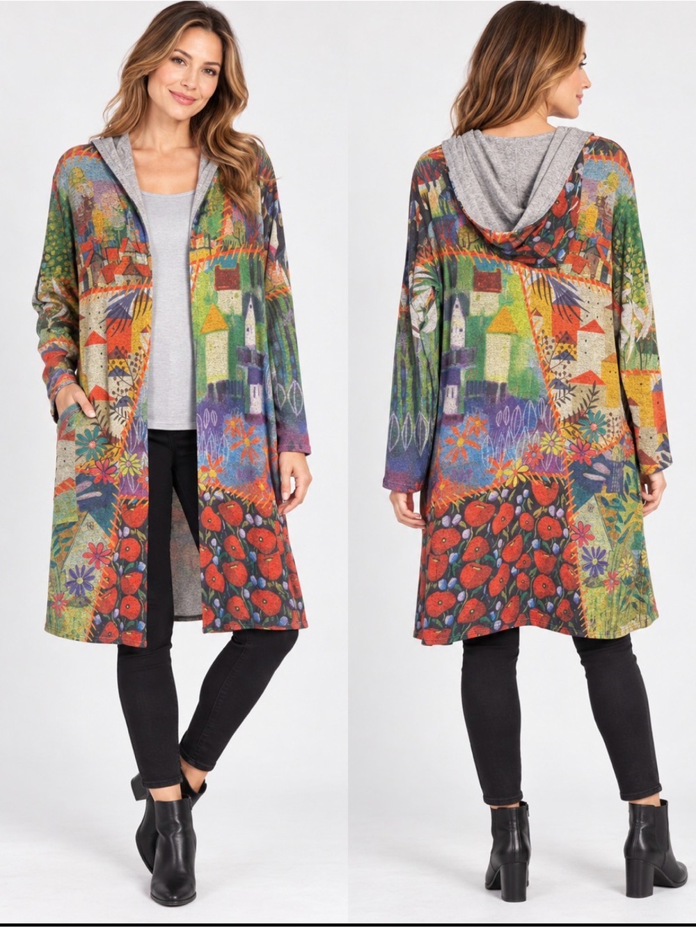 Inoah Made in USA Hooded Art Print Cardigan Duster Size L